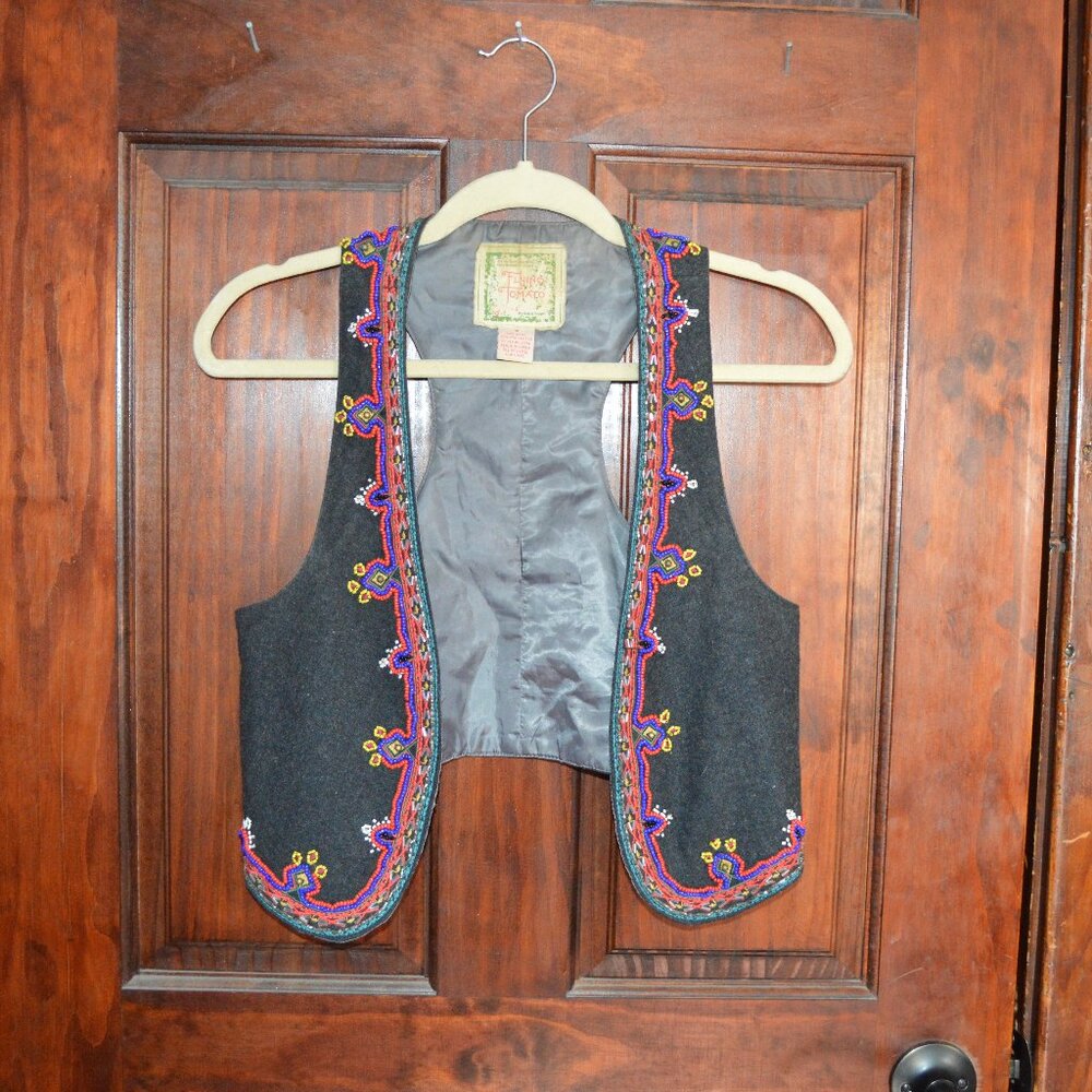 Flying Tomato Gray Macedonian Sleeveless Vest with Multi-Colored Beaded Small